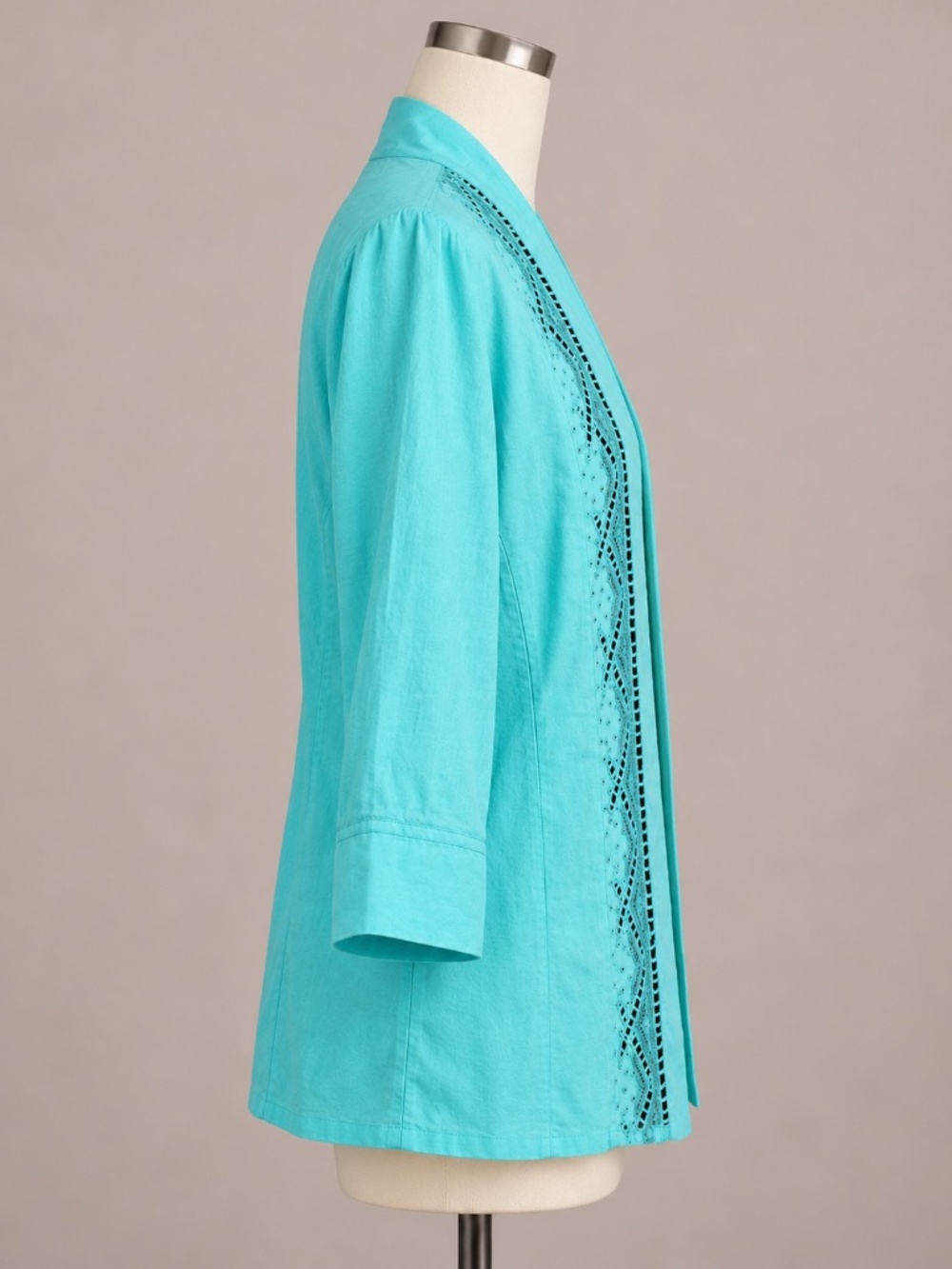 Chico’s Turquoise Open-Front Embroidered 100% Linen Jacket - Picture 3 of 4
